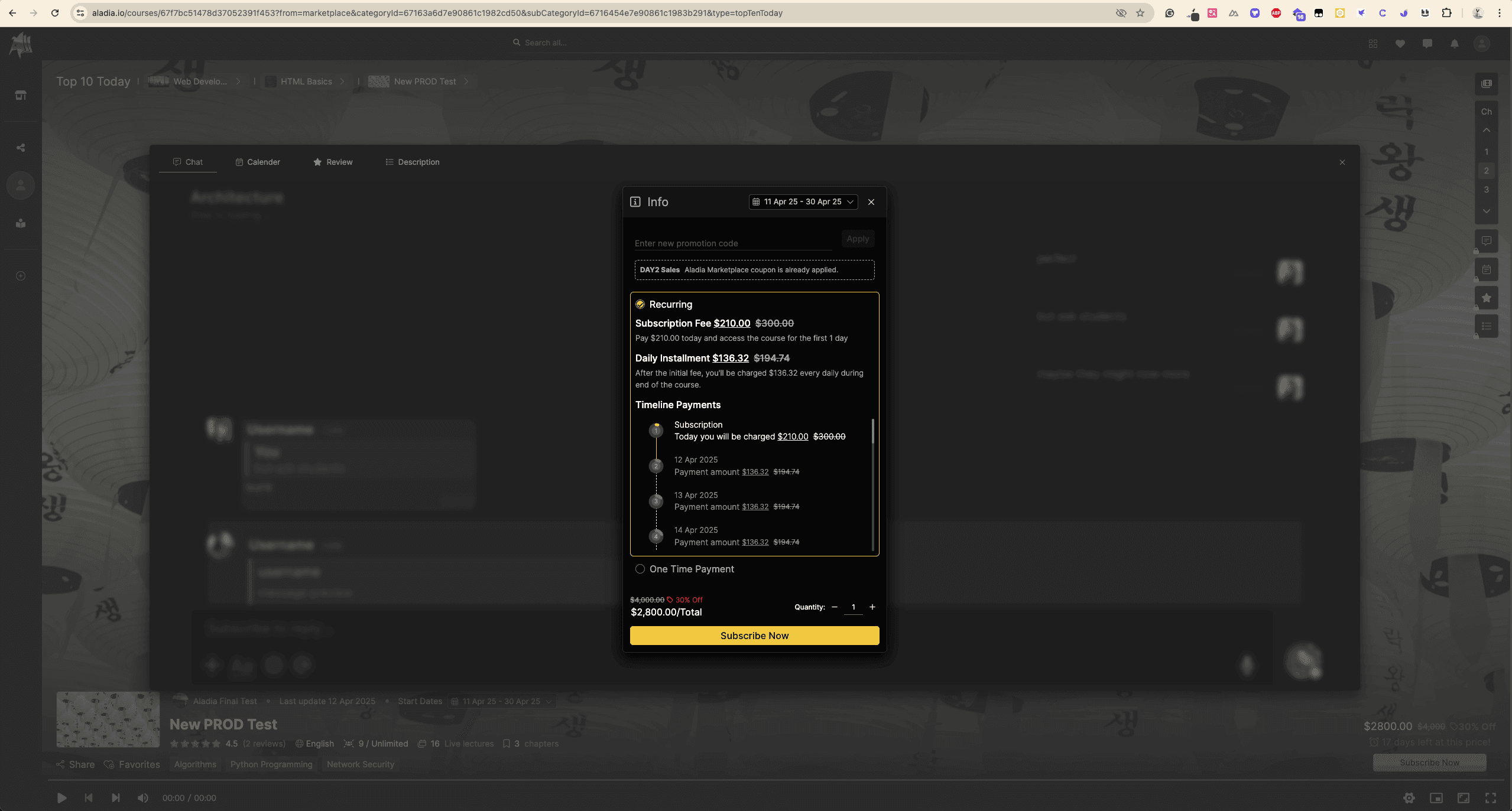 Aladia Online Learning Platform screen