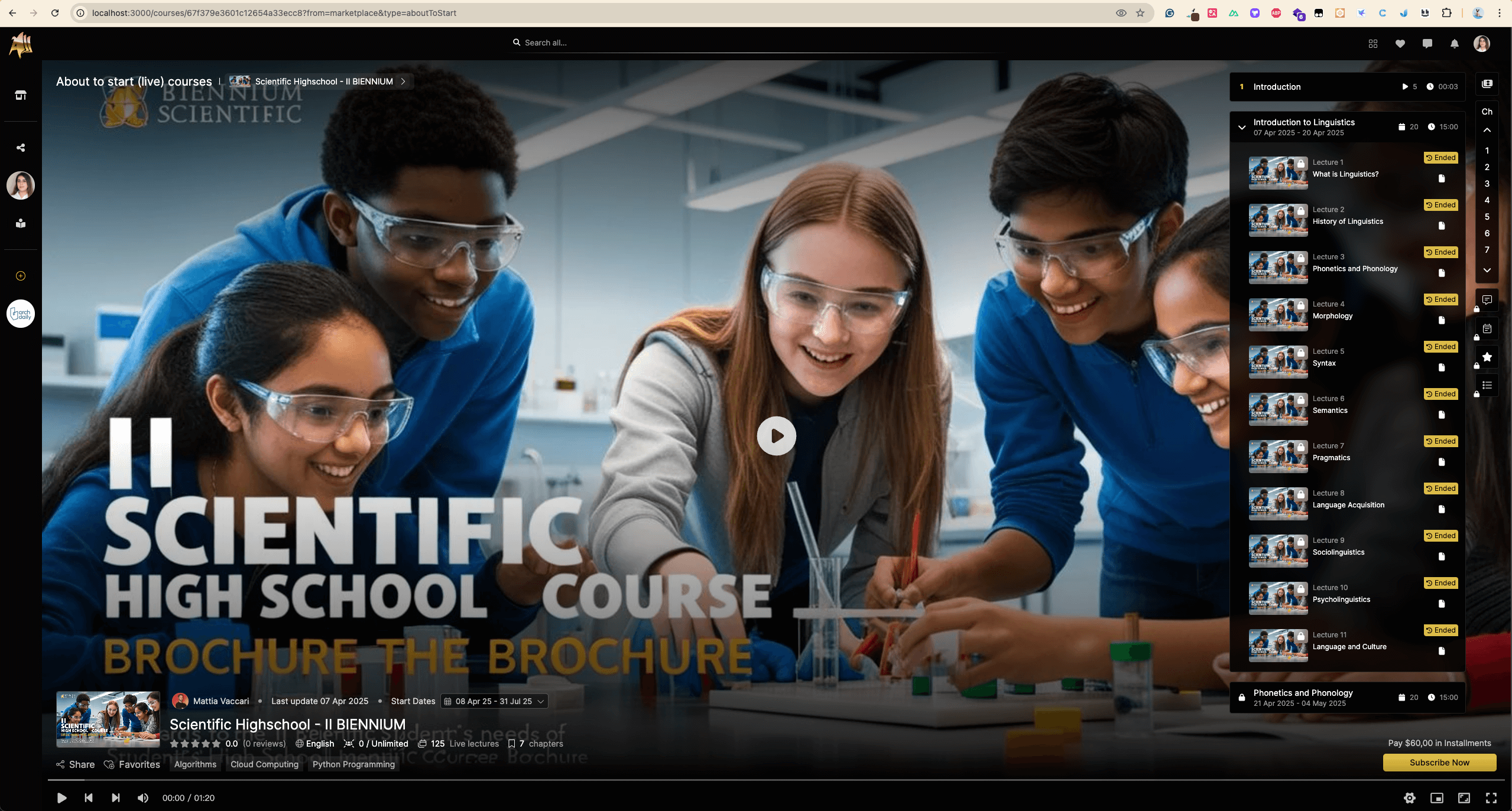 Aladia Online Learning Platform screen