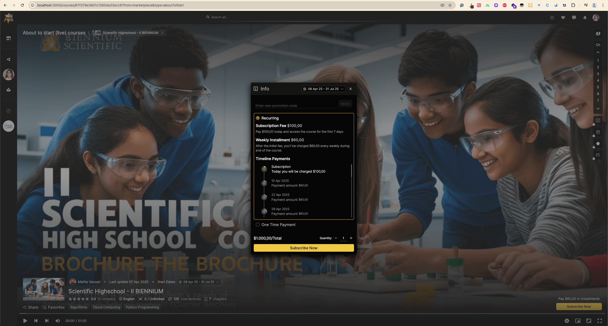 Aladia Online Learning Platform screen
