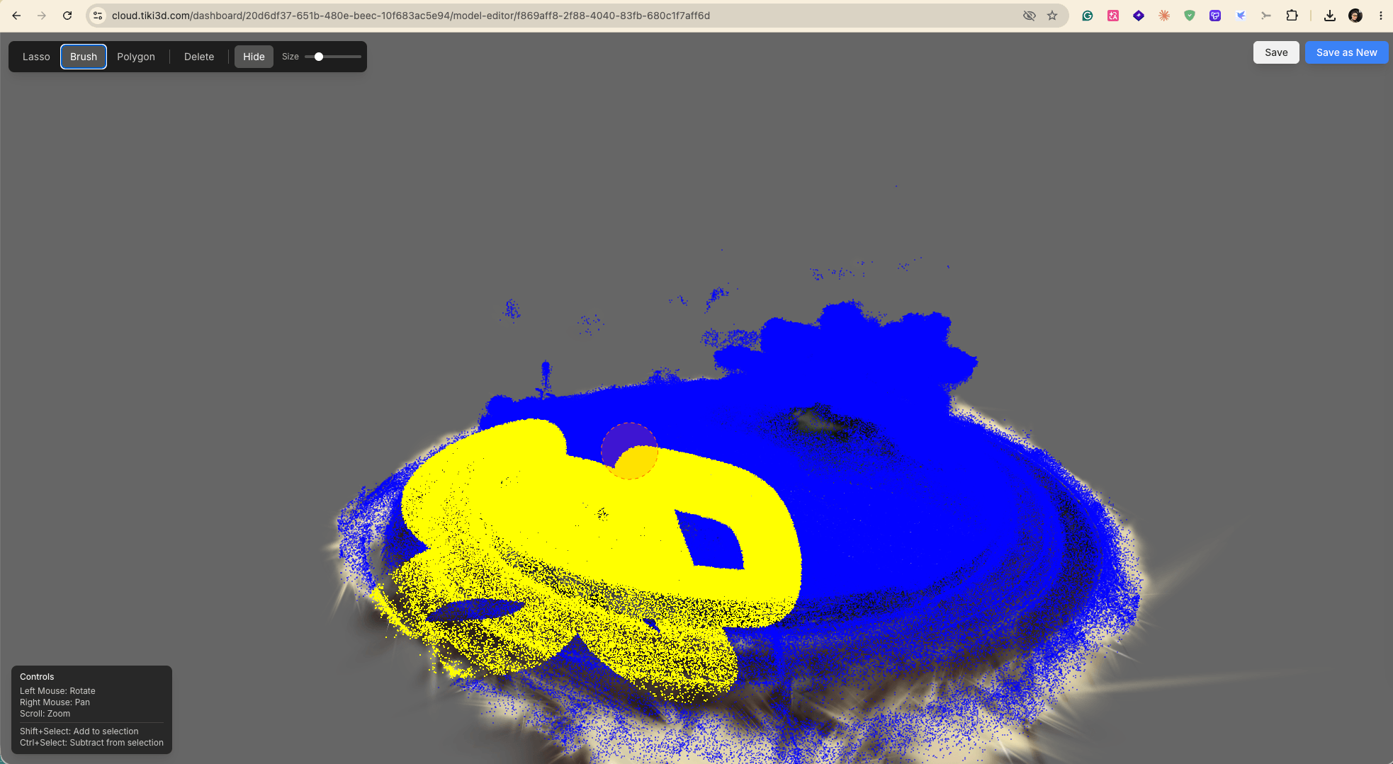 Brush selection on a splat cloud
