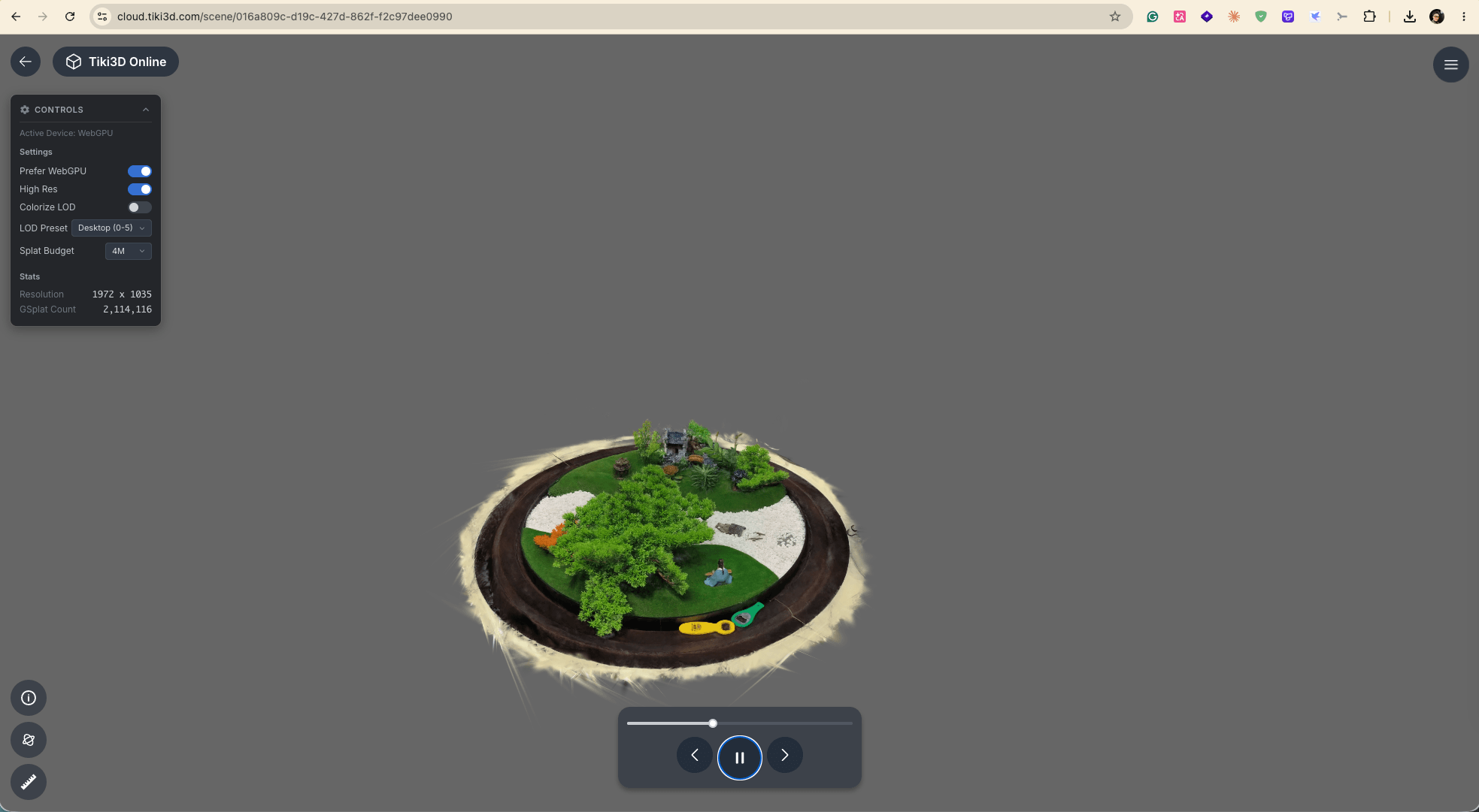 The viewer running a 2.1M-splat scene on WebGPU